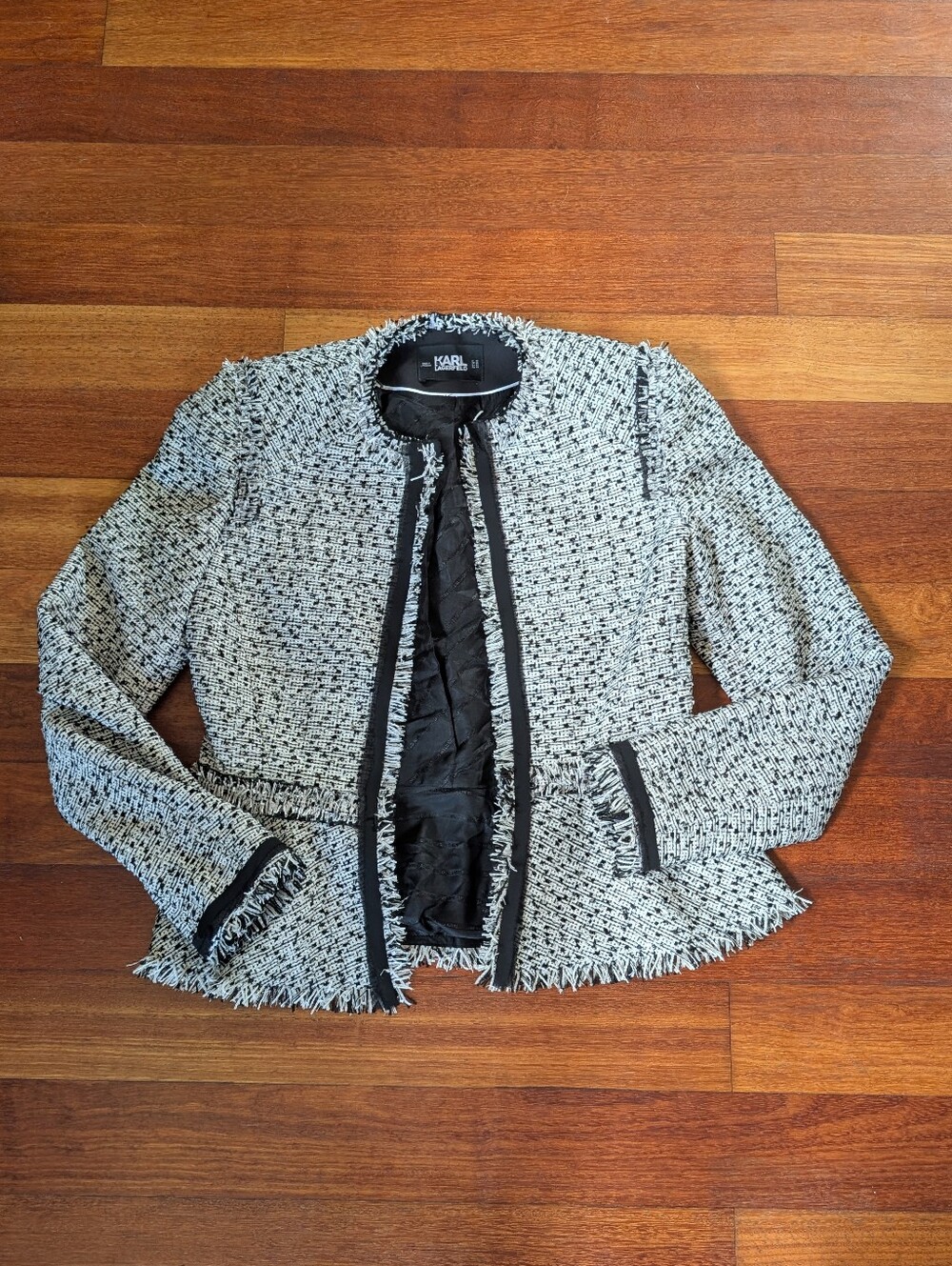 Karl Lagerfeld Black & White Tweed Fringe Jacket
